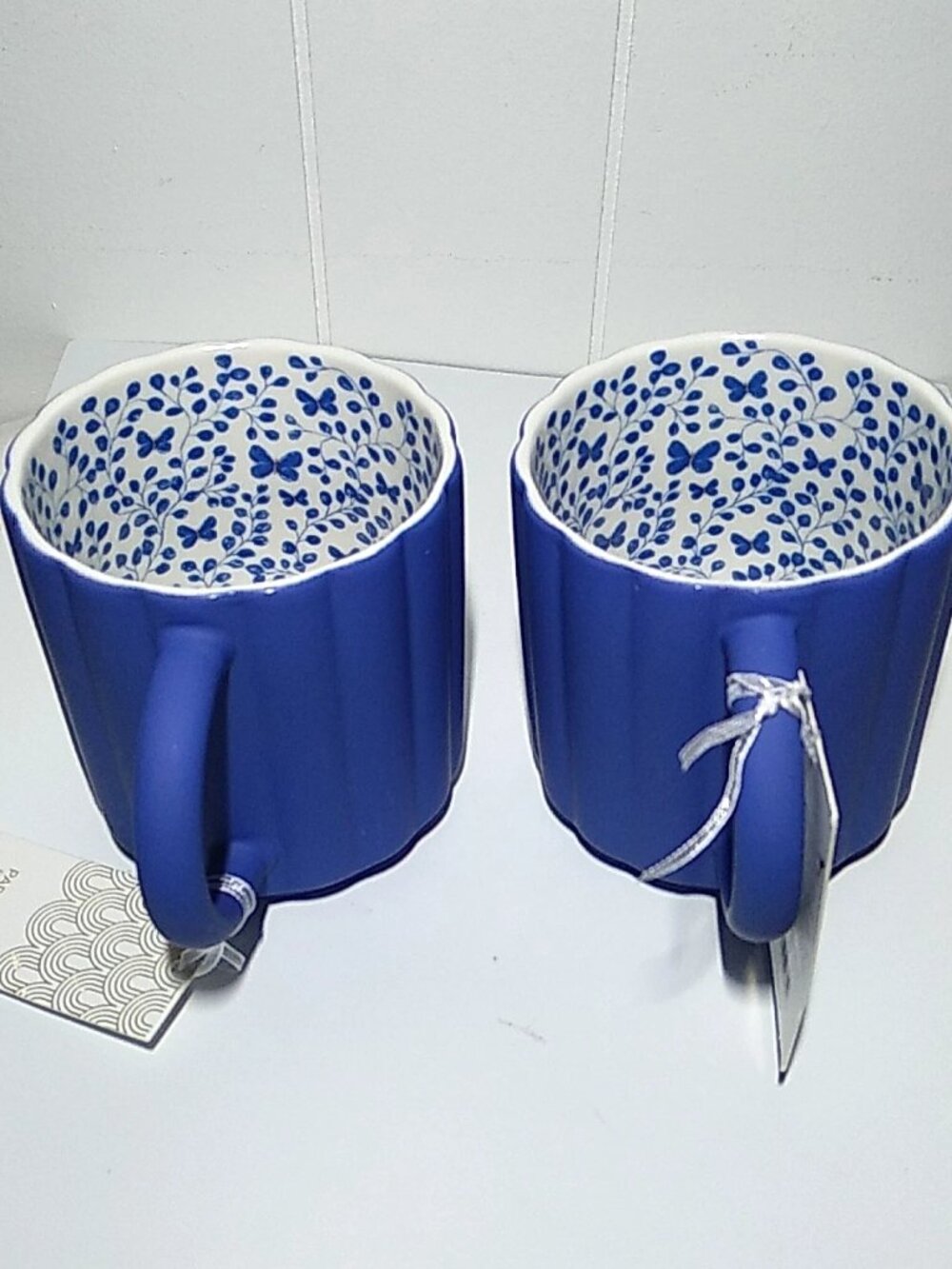 PAPYRUS Mugs Set Of 2 Ribbed BLUE Soft Touch Floral with Butterfly Interior New